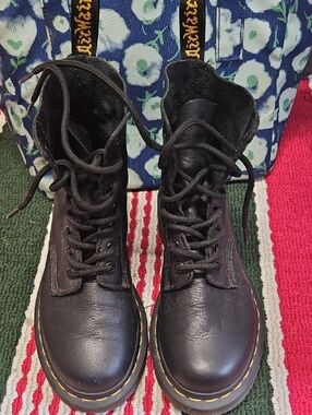 Dr. Martens Black Leather Lace-Up Combat Boots with Yellow Stitching